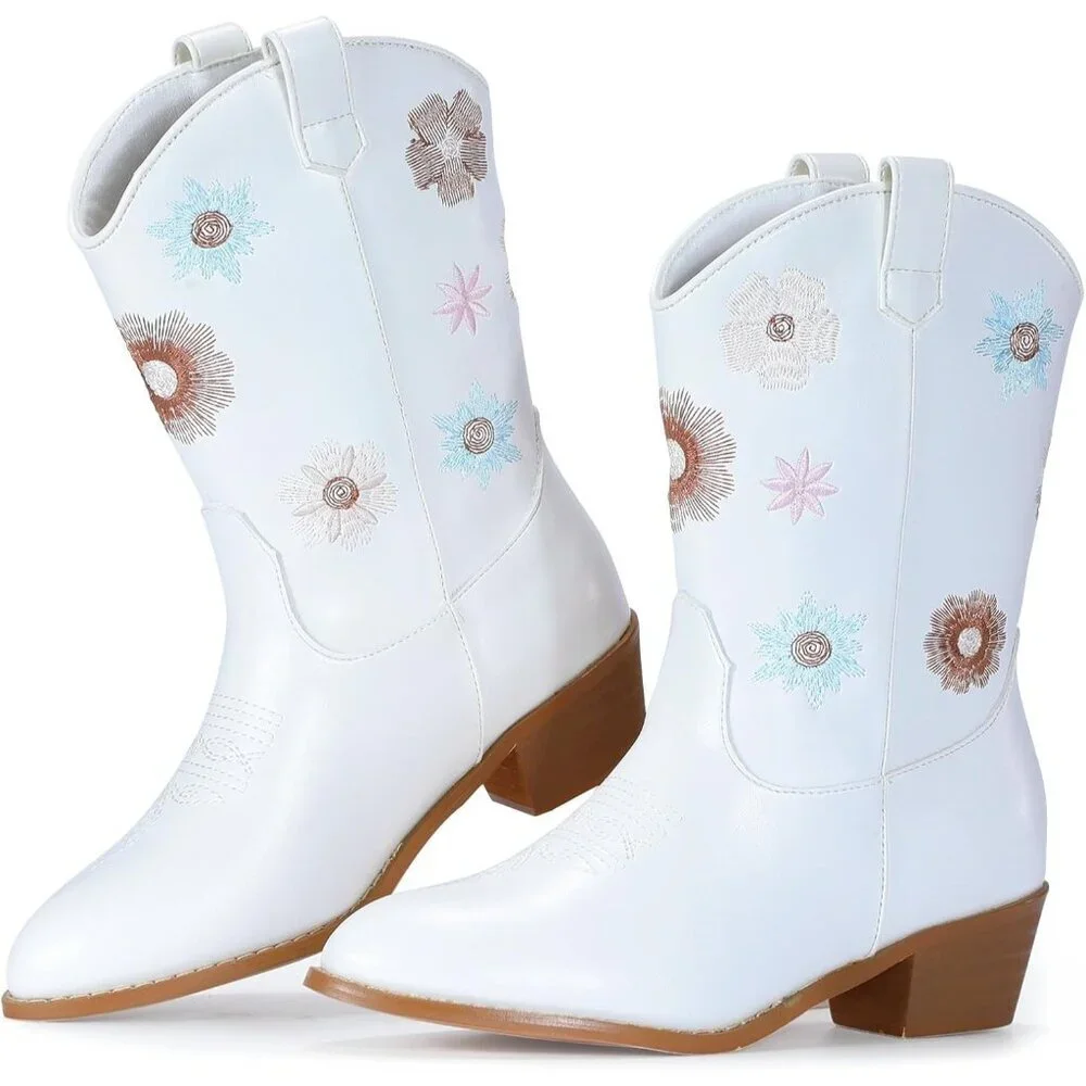 🆕Girls White Polyurethane Cowboy Floral Embroidered Western Cowgirl Boots